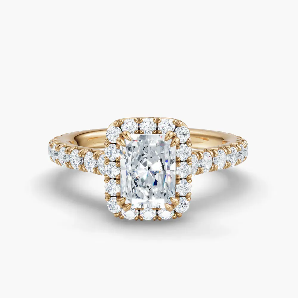 Certified 1 carat Lab Grown Diamond Radiant Cut Cathedral, Pavé, Halo Engagement Ring in 14K Yellow Gold-Zaria