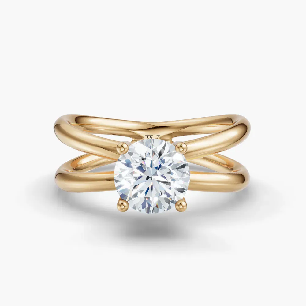 Certified 1 carat Lab Grown Diamond Round Cut Solitaire, Split Shank, Hidden Halo Engagement Ring in 18K Yellow Gold-Ryn