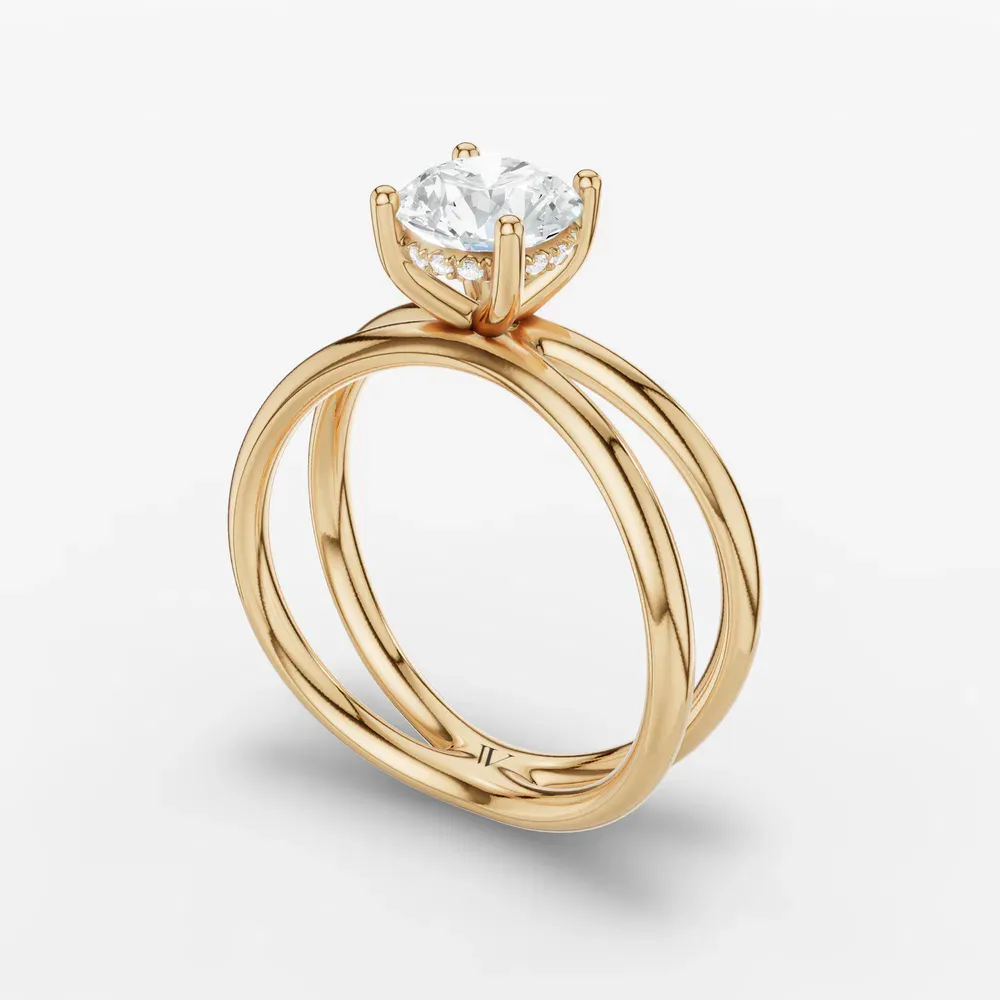 Certified 1 carat Lab Grown Diamond Round Cut Solitaire, Split Shank, Hidden Halo Engagement Ring in 18K Yellow Gold-Ryn