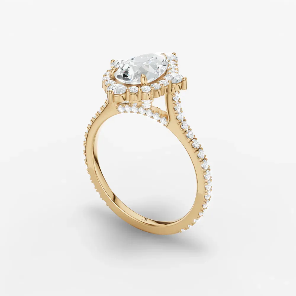Certified 1 carat Lab Grown Diamond Pear Cut Hidden Halo, Halo, Cathedral Engagement Ring in 18K Yellow Gold-Cylen