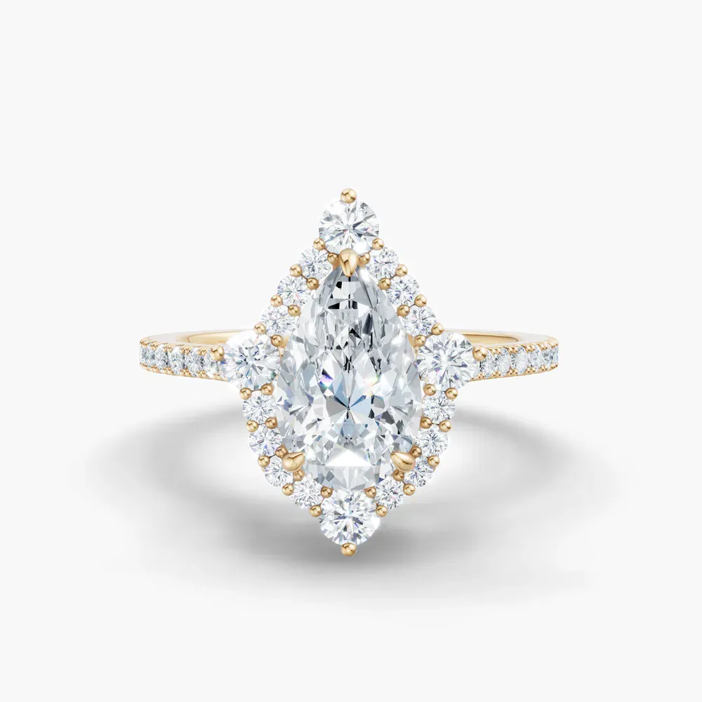 Certified 1 carat Lab Grown Diamond Pear Cut Hidden Halo, Halo, Cathedral Engagement Ring in 18K Yellow Gold-Cylen