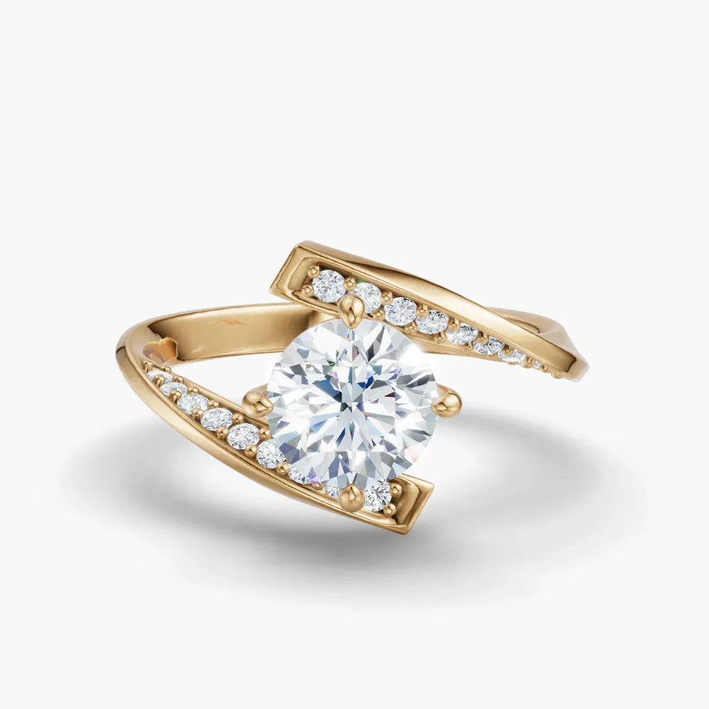 Certified 1 carat Lab Grown Diamond Round Cut Modern, Unique, Pavé Engagement Ring in 14K Yellow Gold-Lirene