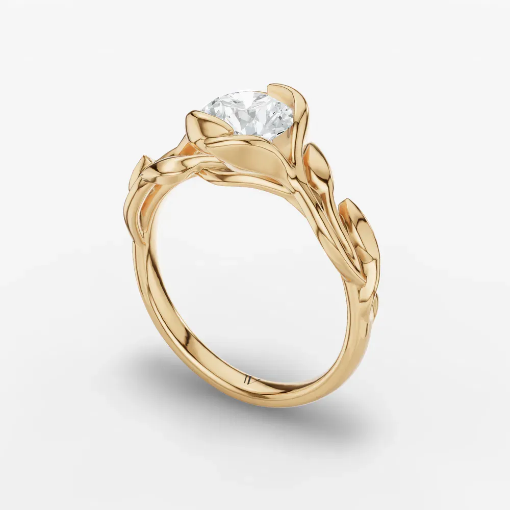 Certified 1 carat Lab Grown Diamond Round Cut Solitaire, Nature inspired, Unique Engagement Ring in 14K Yellow Gold-Evelyn