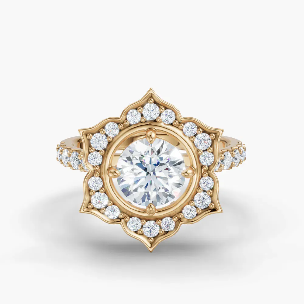 Certified 1 carat Lab Grown Diamond Round Cut Floral, Halo, Four Prong Engagement Ring in 18K Yellow Gold-Dew