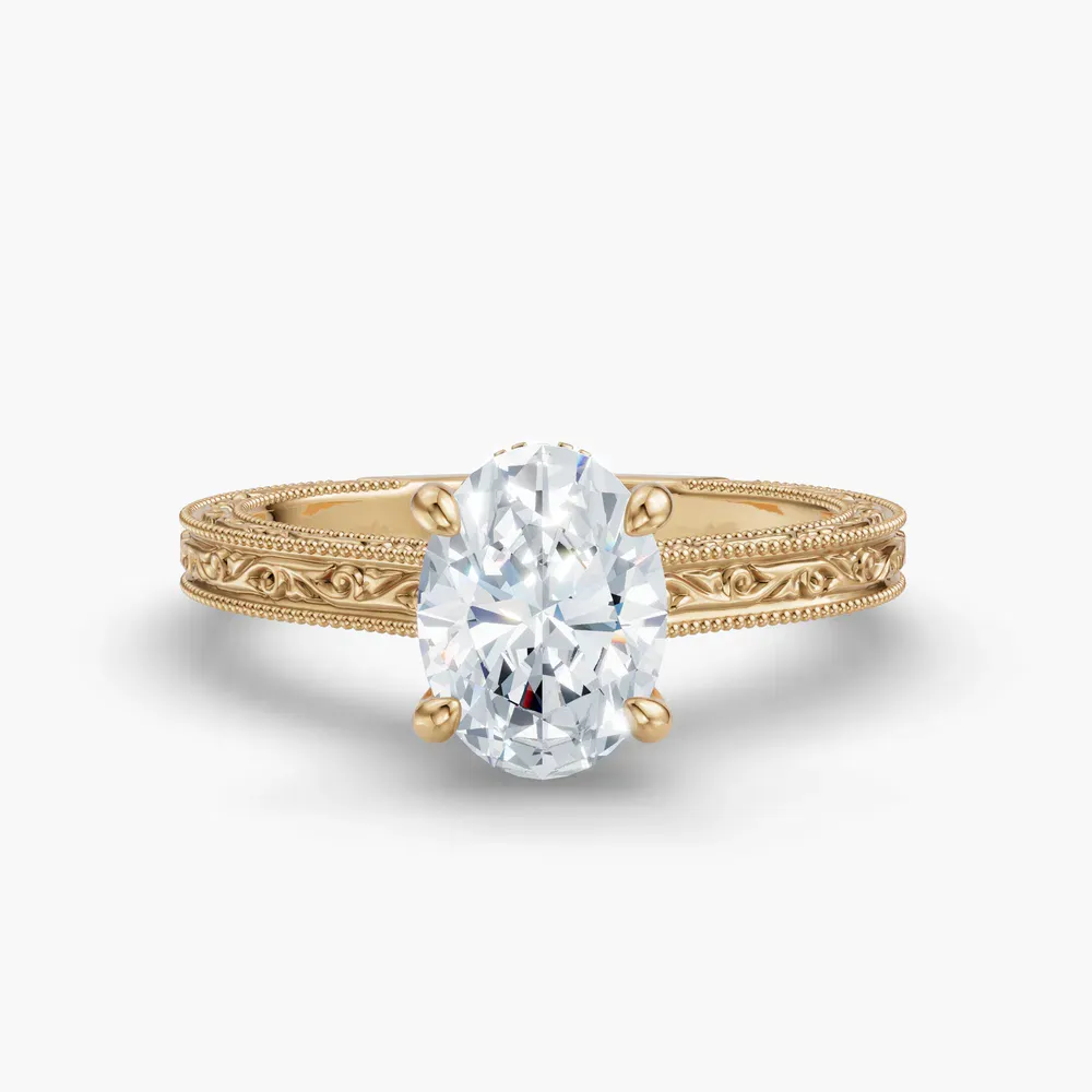 Certified 1 carat Lab Grown Diamond Oval Cut Hidden Halo, Cathedral, Vintage Engagement Ring in 18K Yellow Gold-Echo