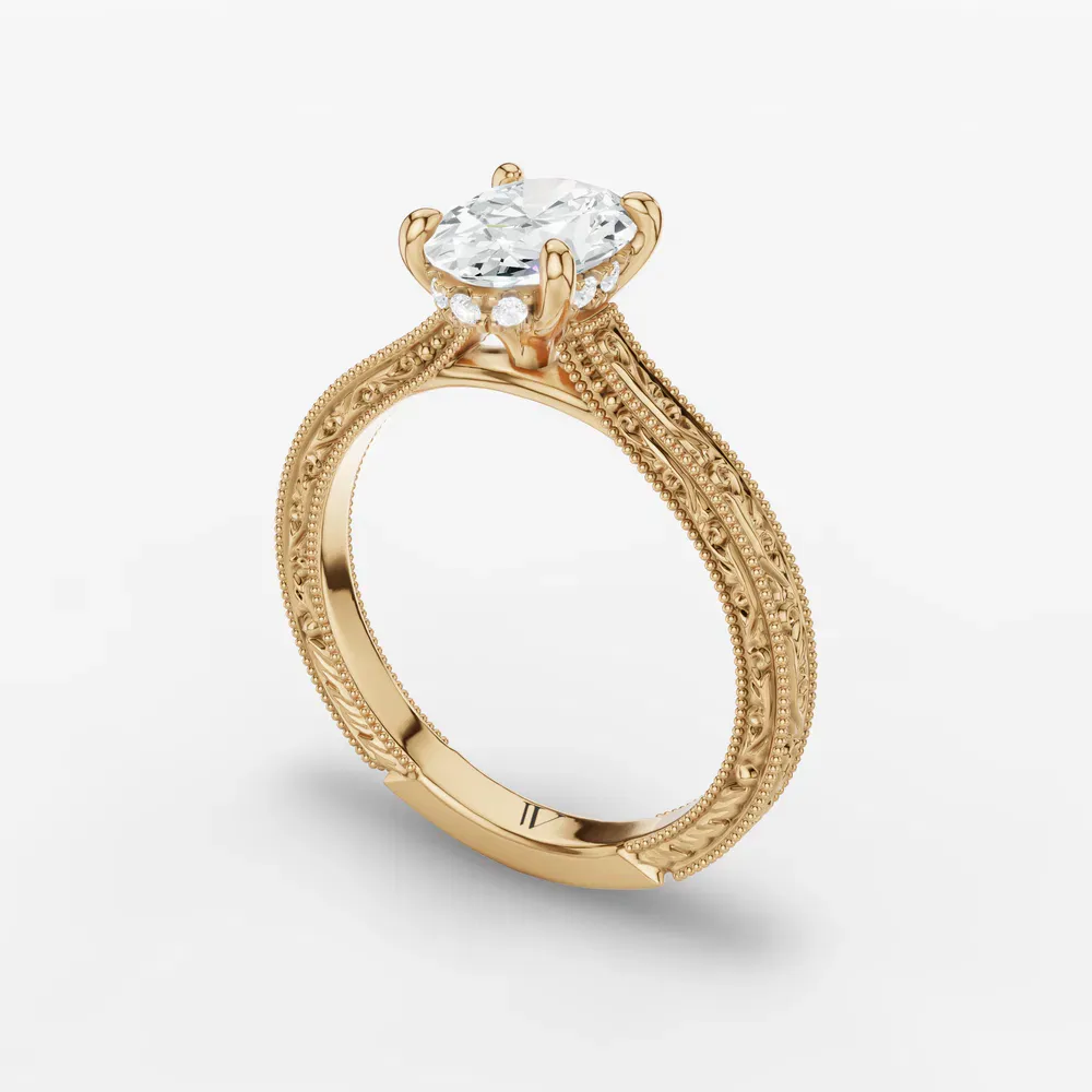 Certified 1 carat Lab Grown Diamond Oval Cut Hidden Halo, Cathedral, Vintage Engagement Ring in 18K Yellow Gold-Echo