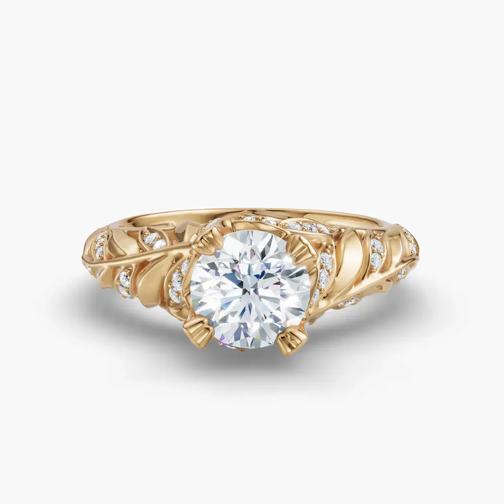 Certified 1 carat Lab Grown Diamond Round Cut Nature inspired, Vintage, Unique Engagement Ring in 14K Yellow Gold-Vibe