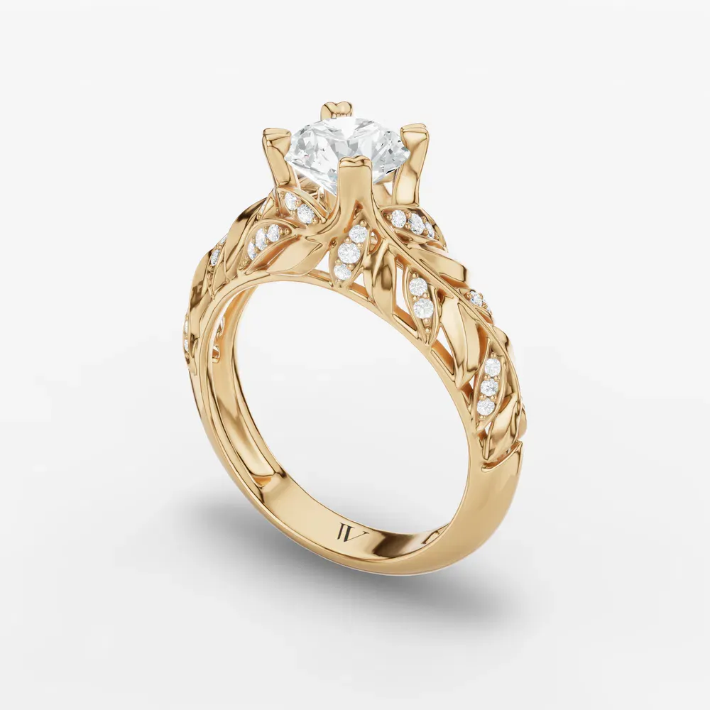 Certified 1 carat Lab Grown Diamond Round Cut Nature inspired, Vintage, Unique Engagement Ring in 14K Yellow Gold-Vibe