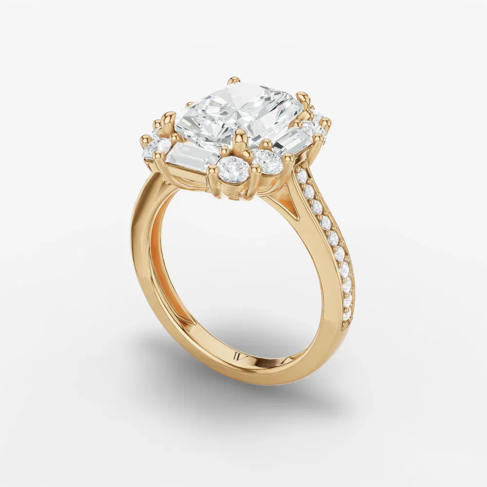 Certified 2 carat Lab Grown Diamond Radiant Cut Halo, Art Deco, Cathedral Engagement Ring in 18K Yellow Gold-Crysle