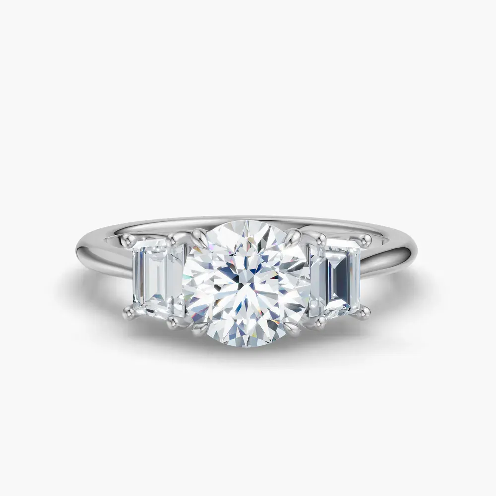 Certified 1 carat Lab Grown Diamond Round Cut Three Stone, Four Prong, Side Stone Engagement Ring in 14K White Gold-Cygnus