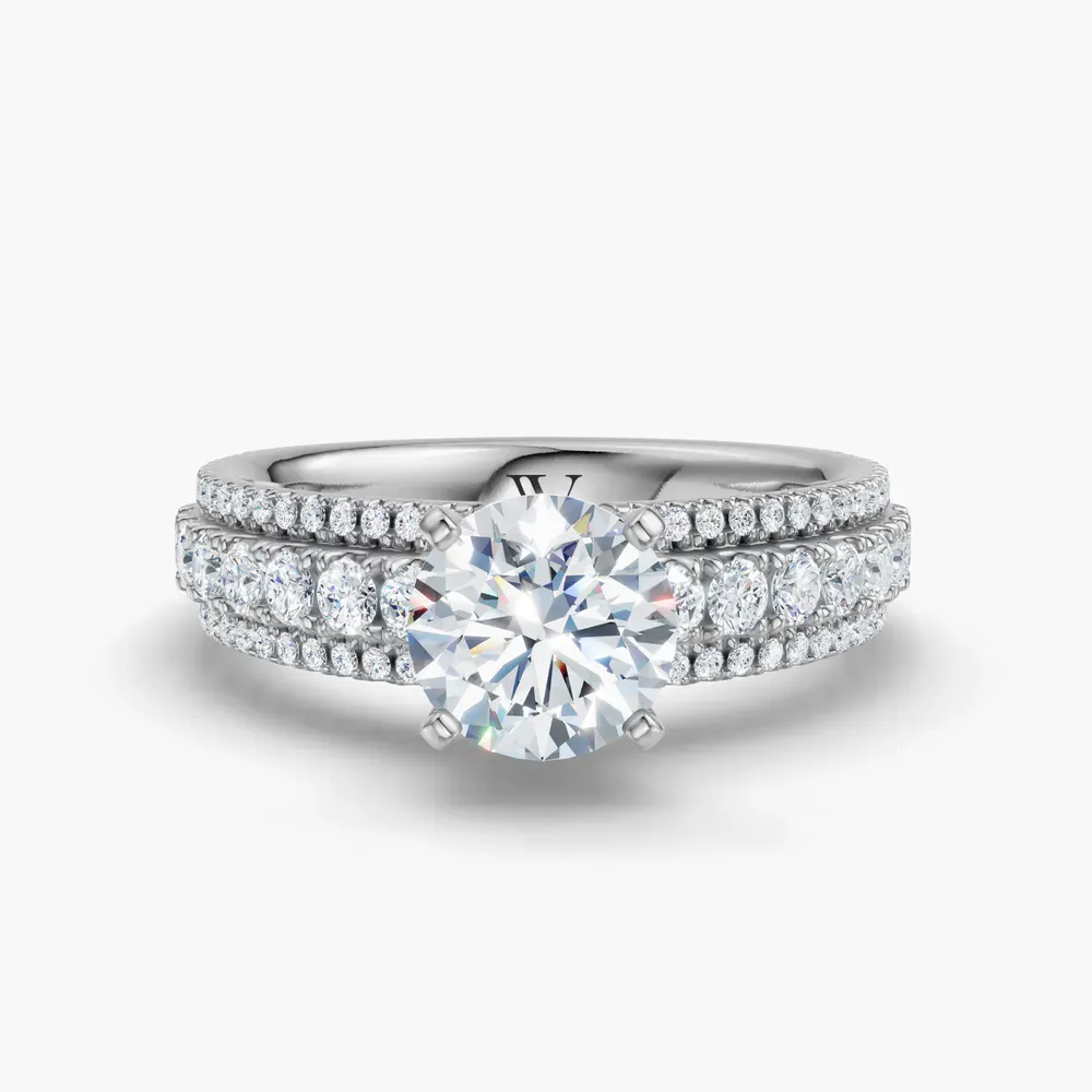 Certified 1 carat Lab Grown Diamond Round Cut Pavé, Four Prong Engagement Ring in 14K White Gold-Riven