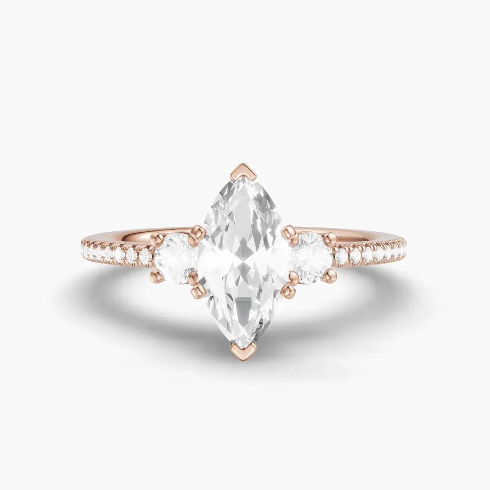 Certified 1 carat Lab Grown Diamond Marquise Cut Three Stone, Pavé, Side Stone Engagement Ring in 14K Rose Gold-Vynix