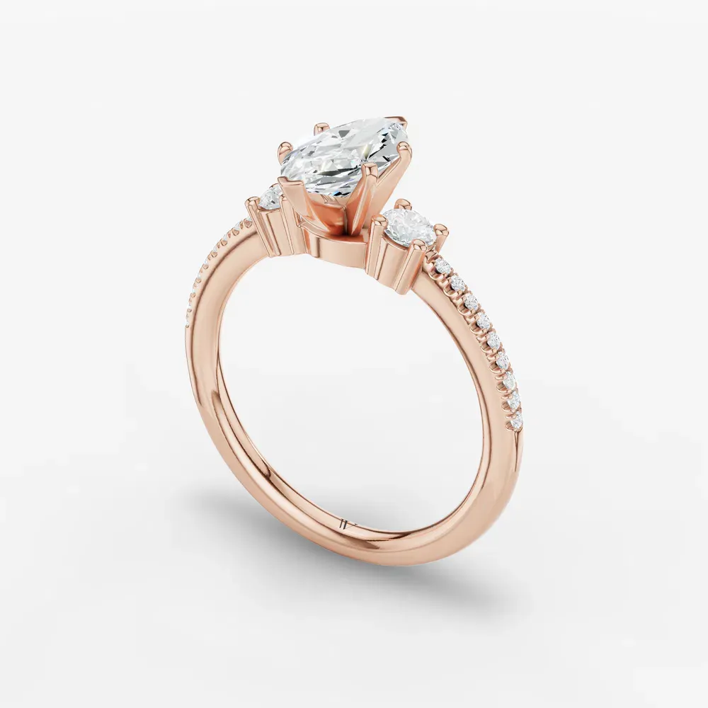 Certified 1 carat Lab Grown Diamond Marquise Cut Three Stone, Pavé, Side Stone Engagement Ring in 14K Rose Gold-Vynix