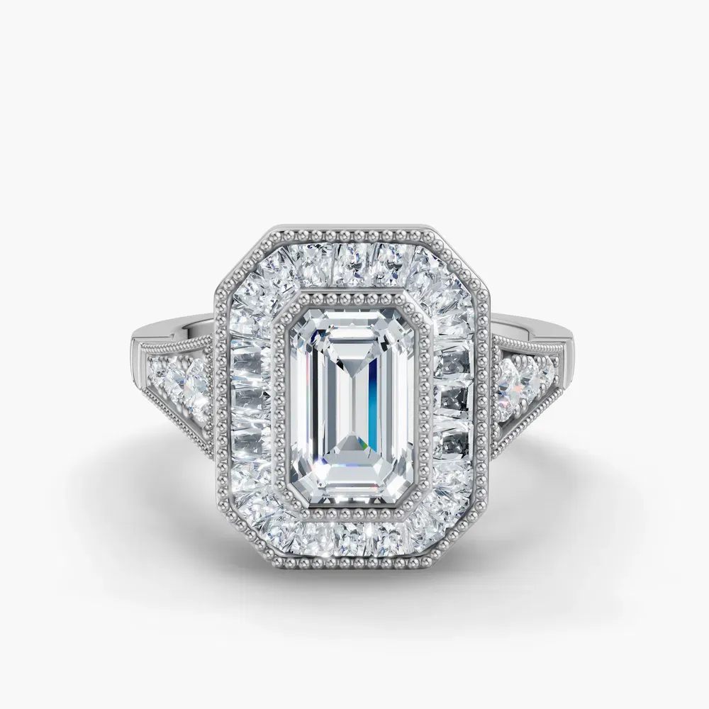 Certified 1 carat Lab Grown Diamond Emerald Cut Art Deco, Baguette, Milgrain Engagement Ring in 14K White Gold-Luxen