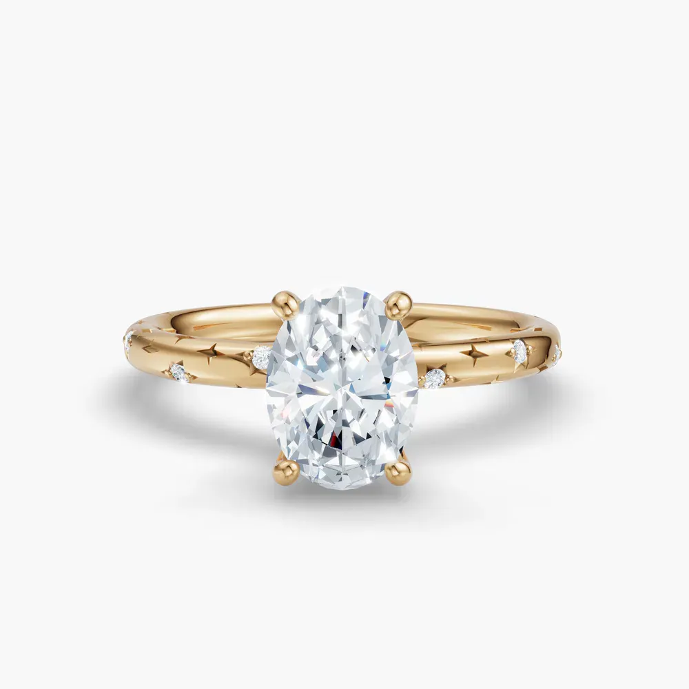Certified 1 carat Lab Grown Diamond Oval Cut Hidden Halo, Unique, Side Stone Engagement Ring in 14K Yellow Gold-Celestyn