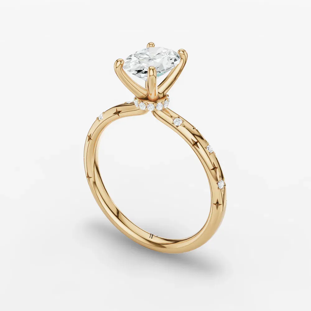 Certified 1 carat Lab Grown Diamond Oval Cut Hidden Halo, Unique, Side Stone Engagement Ring in 14K Yellow Gold-Celestyn