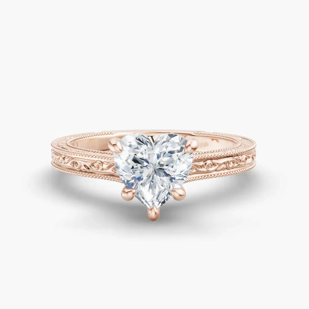 Certified 1 carat Lab Grown Diamond Heart Cut Hidden Halo, Cathedral, Vintage Engagement Ring in 14K Rose Gold-Echo