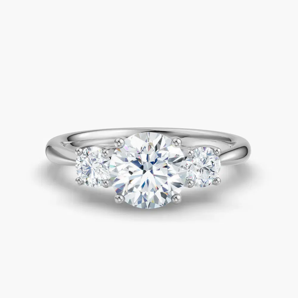 Certified 1 carat Lab Grown Diamond Round Cut Three Stone, Side Stone, Four Prong Engagement Ring in 14K White Gold-Dhyra