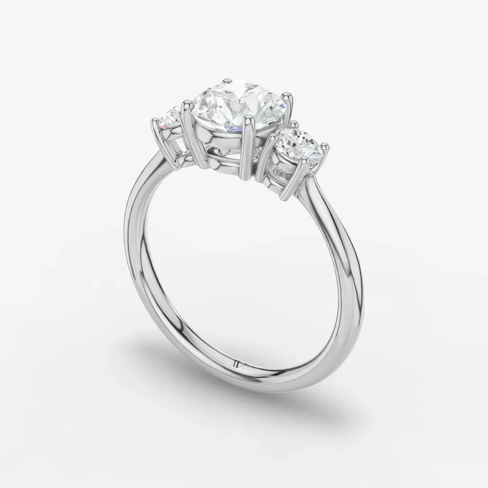 Certified 1 carat Lab Grown Diamond Round Cut Three Stone, Side Stone, Four Prong Engagement Ring in 14K White Gold-Dhyra