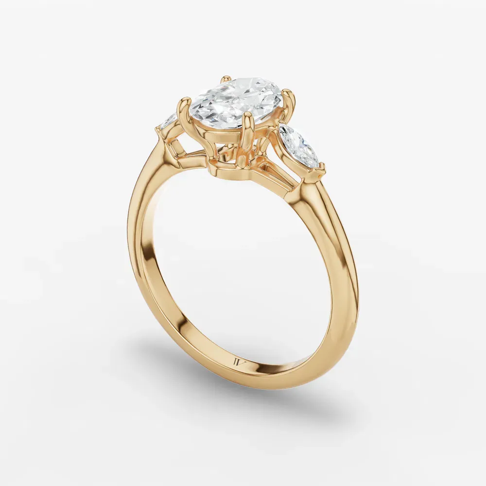 Certified 1 carat Lab Grown Diamond Oval Cut Three Stone, Side Stone Engagement Ring in 14K Yellow Gold-Glow
