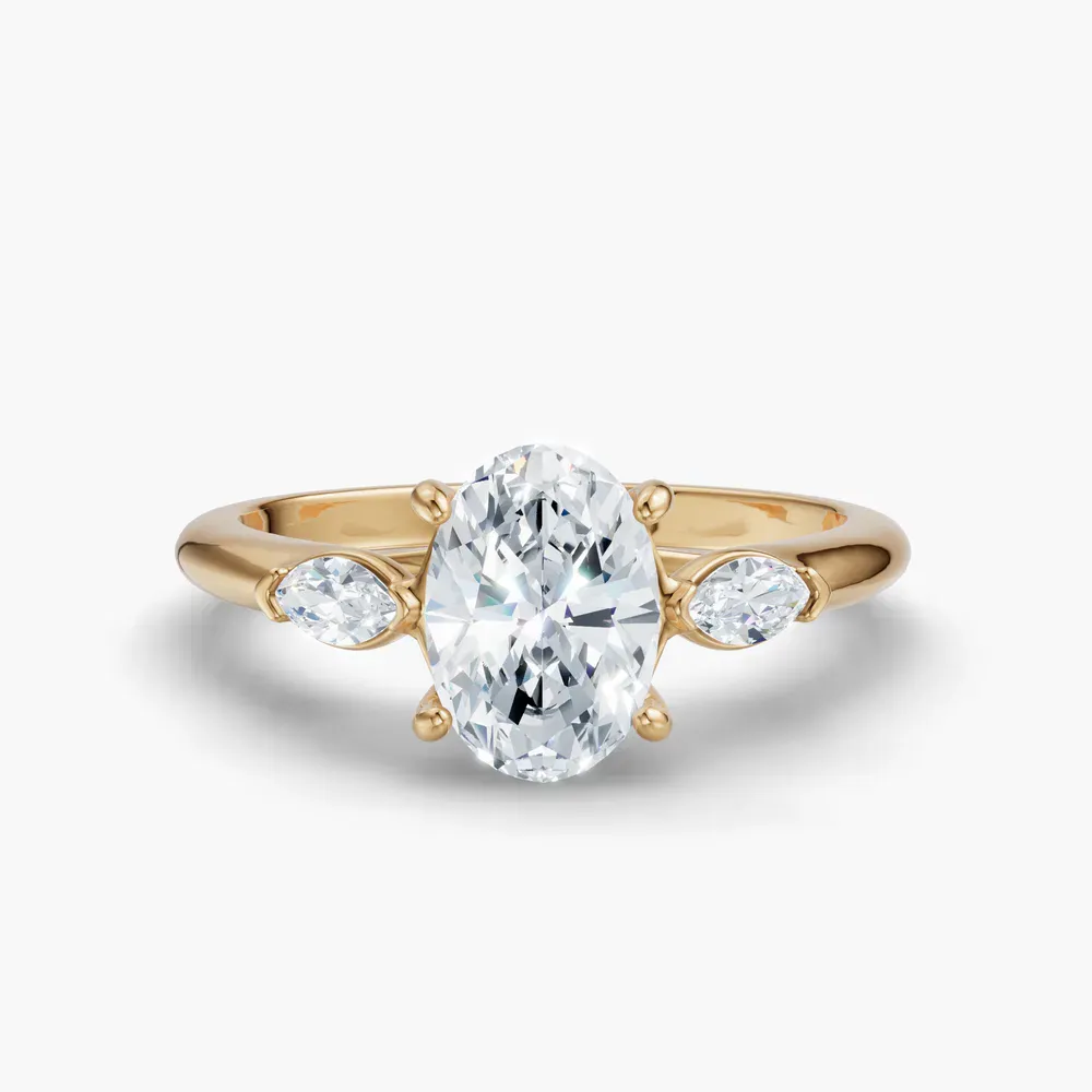 Certified 1 carat Lab Grown Diamond Oval Cut Three Stone, Side Stone Engagement Ring in 14K Yellow Gold-Glow