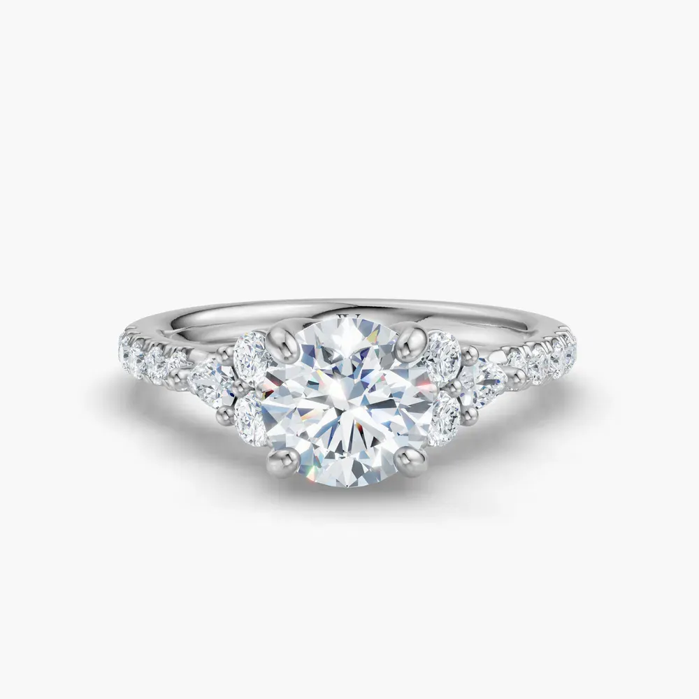 Certified 1 carat Lab Grown Diamond Round Cut Pavé, Side Stone, Four Prong Engagement Ring in 14K White Gold-Tarne