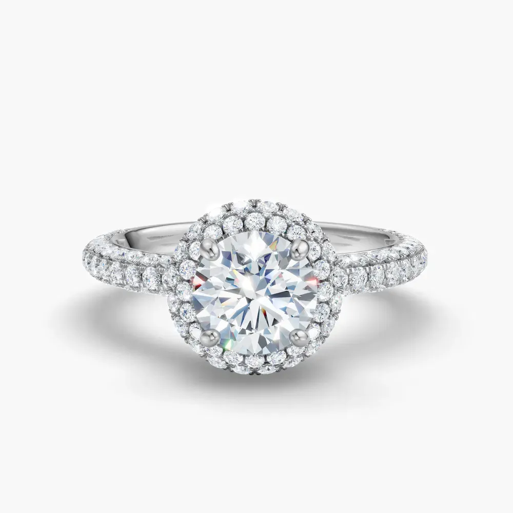 Certified 1 carat Lab Grown Diamond Round Cut Pavé, Halo, Hidden Halo Engagement Ring in 14K White Gold-Brym