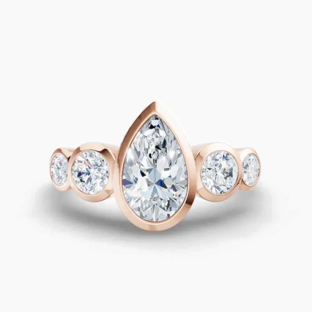 Certified 1 carat Lab Grown Diamond Pear Cut Five Stone, Milgrain, Bezel Engagement Ring in 14K Rose Gold-Sole