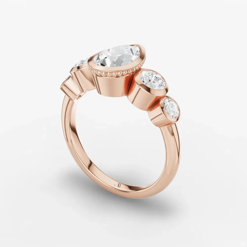 Certified 1 carat Lab Grown Diamond Pear Cut Five Stone, Milgrain, Bezel Engagement Ring in 14K Rose Gold-Sole
