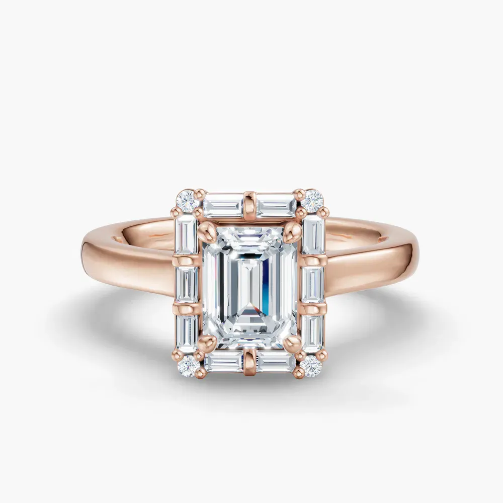 Certified 1 carat Lab Grown Diamond Emerald Cut Art Deco, Halo, Baguette Engagement Ring in 14K Rose Gold-Miriel