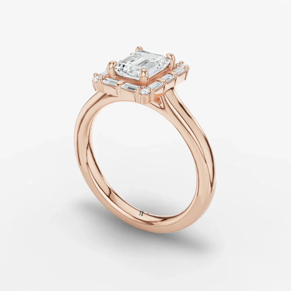 Certified 1 carat Lab Grown Diamond Emerald Cut Art Deco, Halo, Baguette Engagement Ring in 14K Rose Gold-Miriel