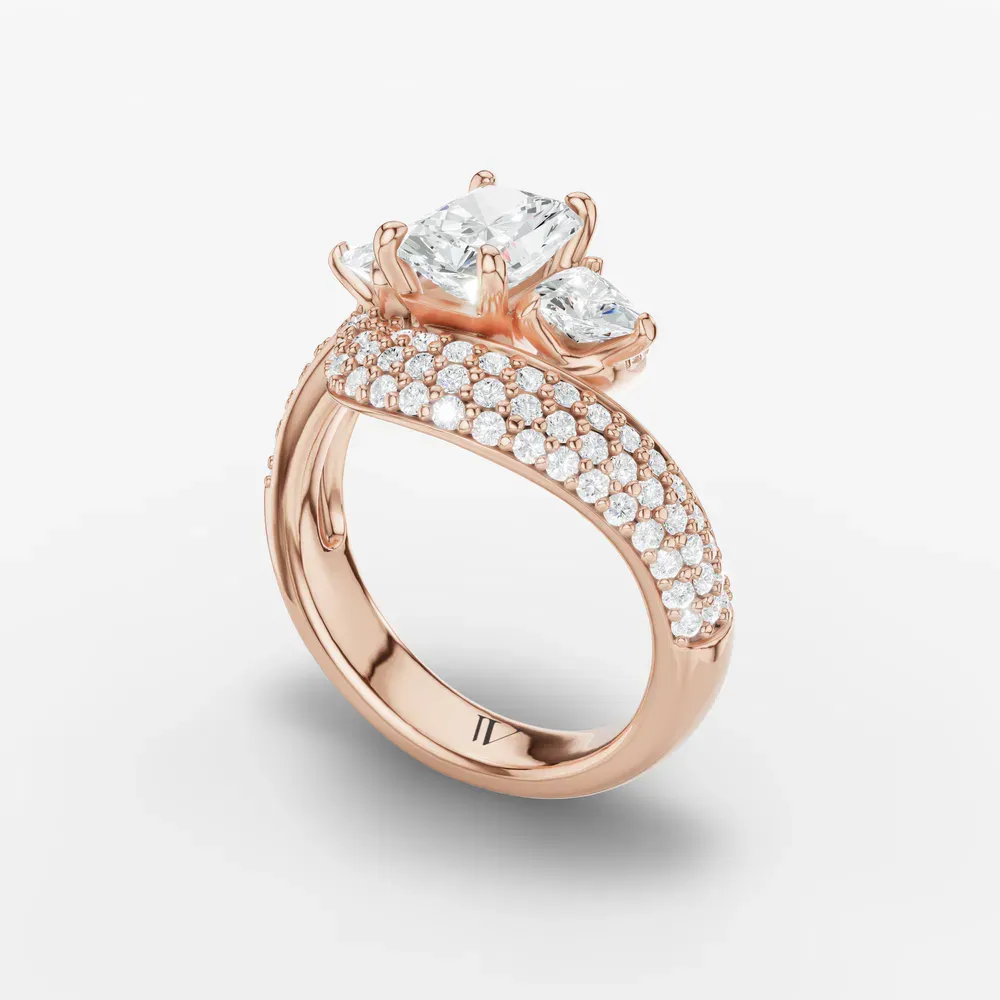 Certified 1 carat Lab Grown Diamond Radiant Cut Three Stone, Pavé, Side Stone Engagement Ring in 14K Rose Gold-Serene