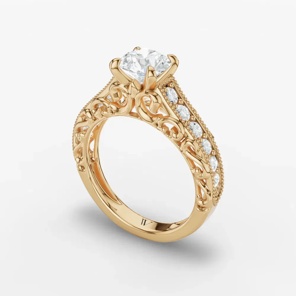 Certified 1 carat Lab Grown Diamond Round Cut Milgrain, Filigree, Vintage Engagement Ring in 14K Yellow Gold-Zevali
