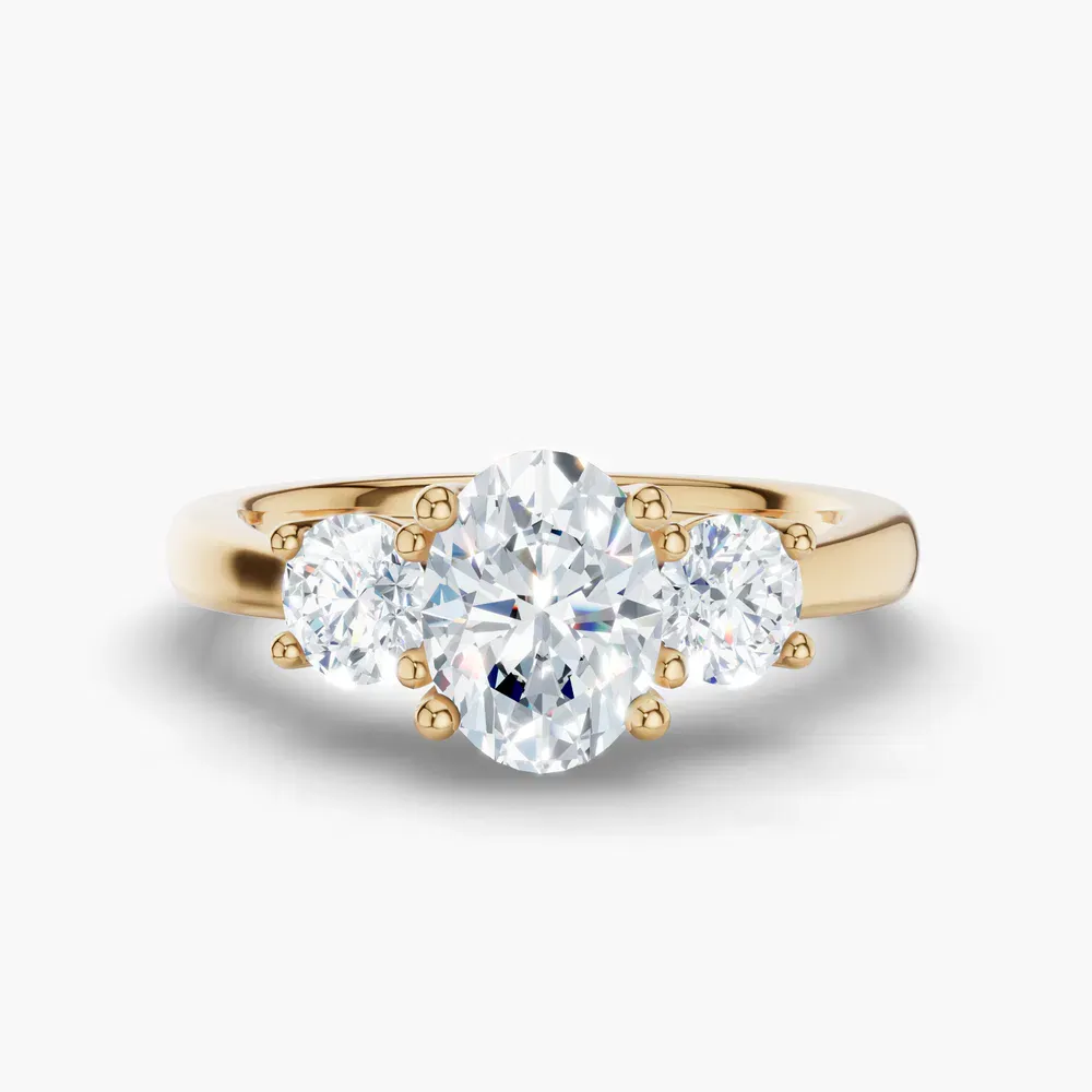 Certified 1 carat Natural Diamond Oval Cut Three Stone, Side Stone, Low profile Engagement Ring in 14K Yellow Gold-Valeri