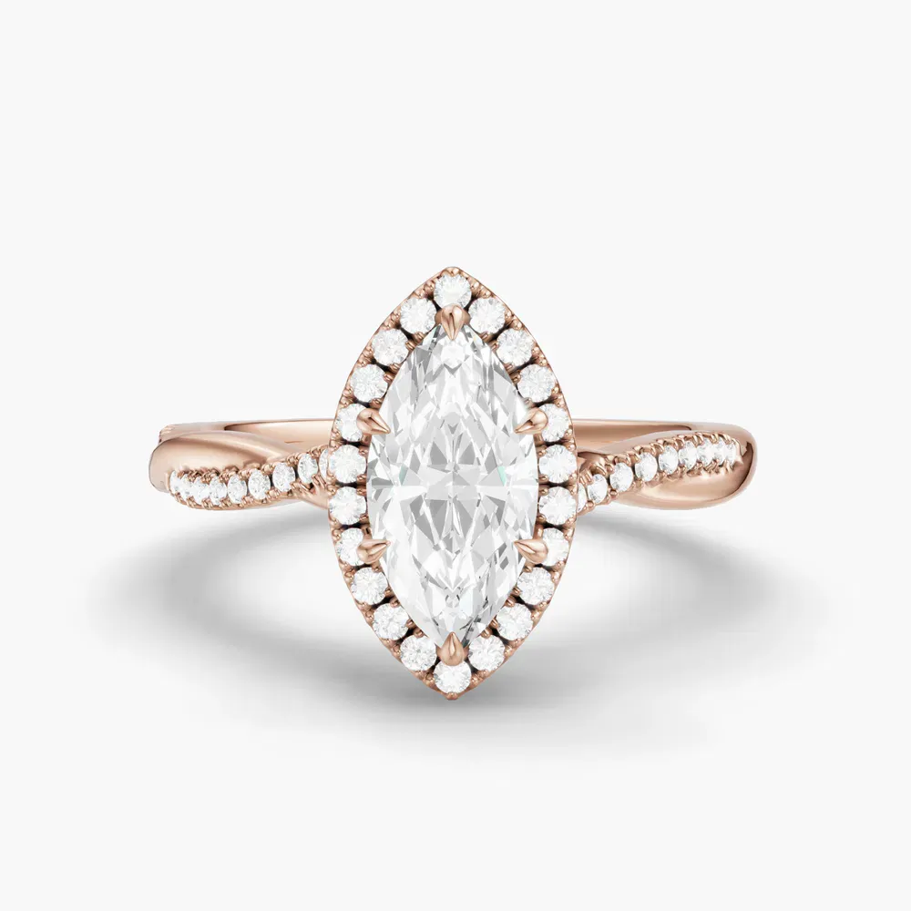 Certified 1 carat Natural Diamond Marquise Cut Twist, Cathedral, Pavé Engagement Ring in 14K Rose Gold-Itic