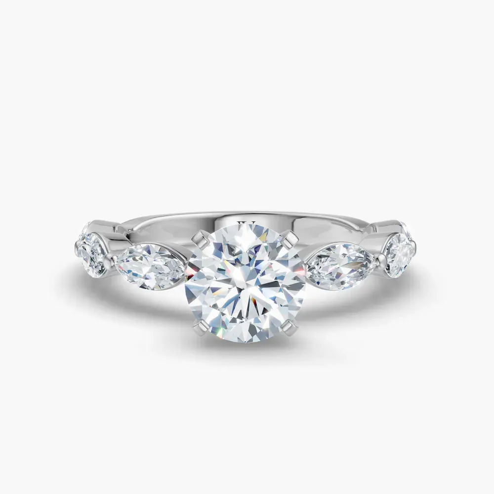 Certified 1 carat Natural Diamond Round Cut Four Prong, Side Stone Engagement Ring in 14K White Gold-Trind