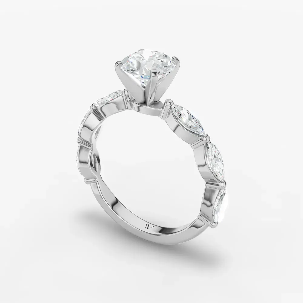 Certified 1 carat Natural Diamond Round Cut Four Prong, Side Stone Engagement Ring in 14K White Gold-Trind
