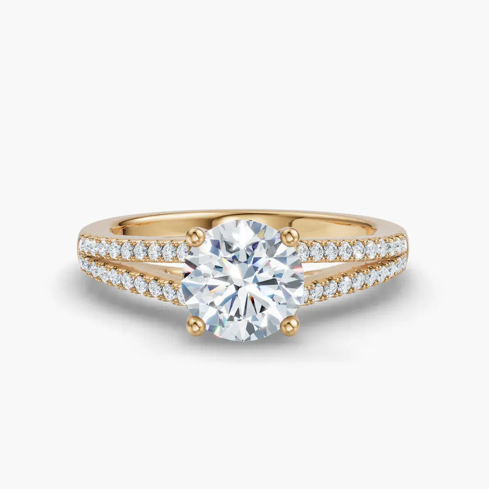 Certified 1 carat Natural Diamond Round Cut Pavé, Cathedral, Split Shank Engagement Ring in 14K Yellow Gold-Lumy