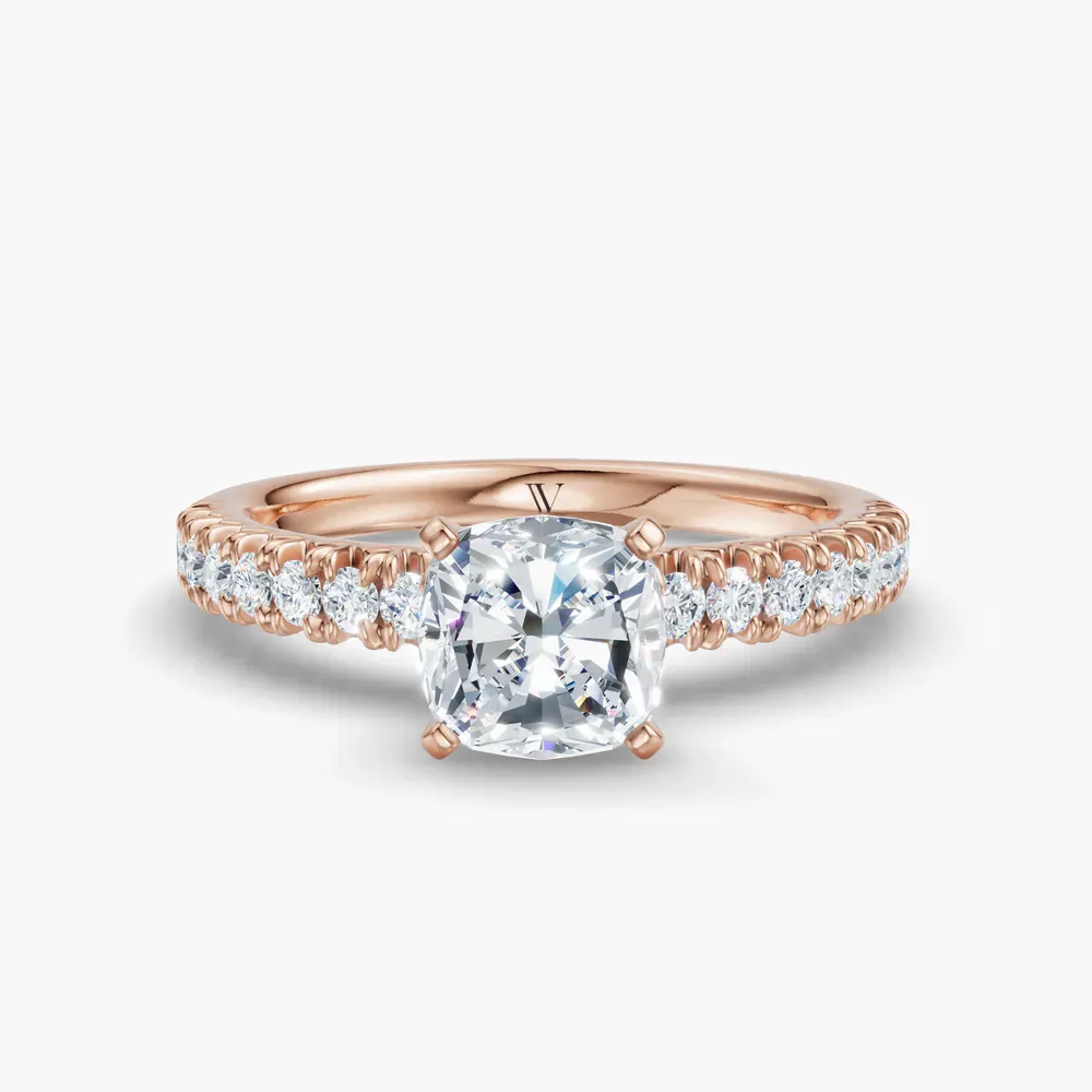 Certified 1 carat Natural Diamond Cushion Cut Pavé, Classic, Simple Engagement Ring in 14K Rose Gold-Nela
