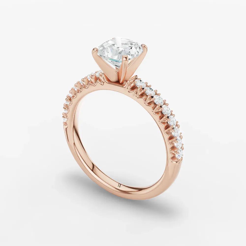 Certified 1 carat Natural Diamond Cushion Cut Pavé, Classic, Simple Engagement Ring in 14K Rose Gold-Nela