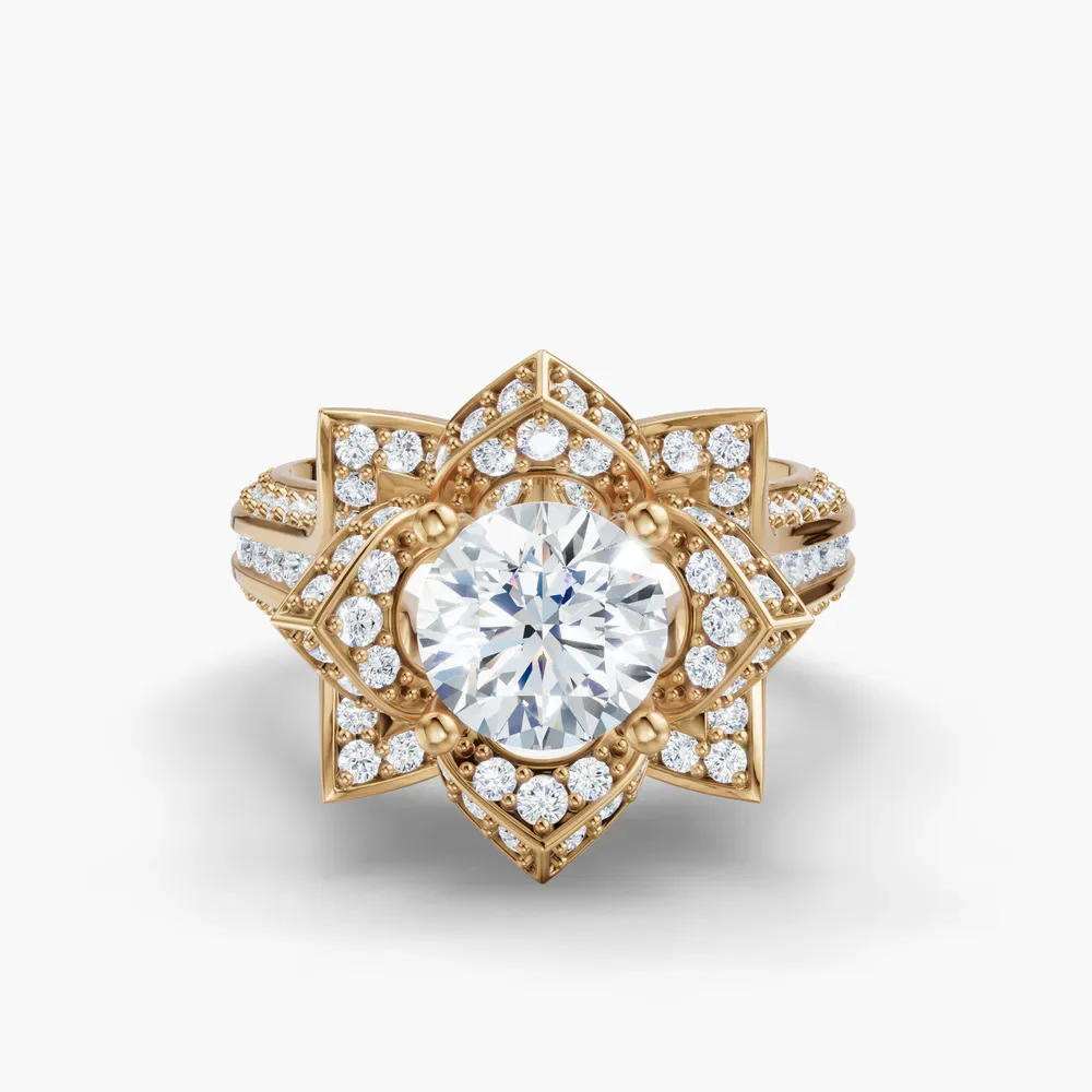 Certified 1 carat Natural Diamond Round Cut Vintage, Floral, Unique Engagement Ring in 14K Yellow Gold-Zirix