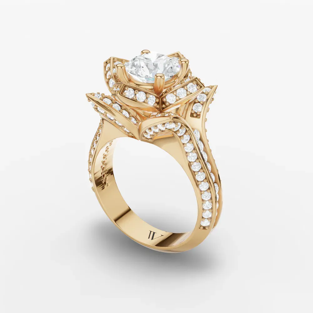 Certified 1 carat Natural Diamond Round Cut Vintage, Floral, Unique Engagement Ring in 14K Yellow Gold-Zirix
