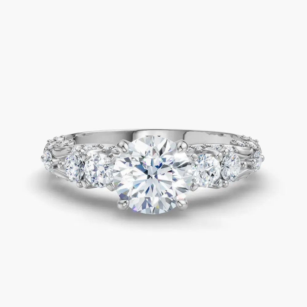 Certified 1 carat Natural Diamond Round Cut Hidden Halo, Unique, Side Stone Engagement Ring in 14K White Gold-Marinia