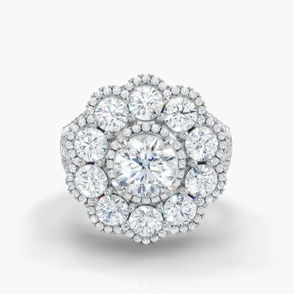 Certified 1 carat Natural Diamond Round Cut Floral, Cluster, Split Shank Engagement Ring in 14K White Gold-Moss