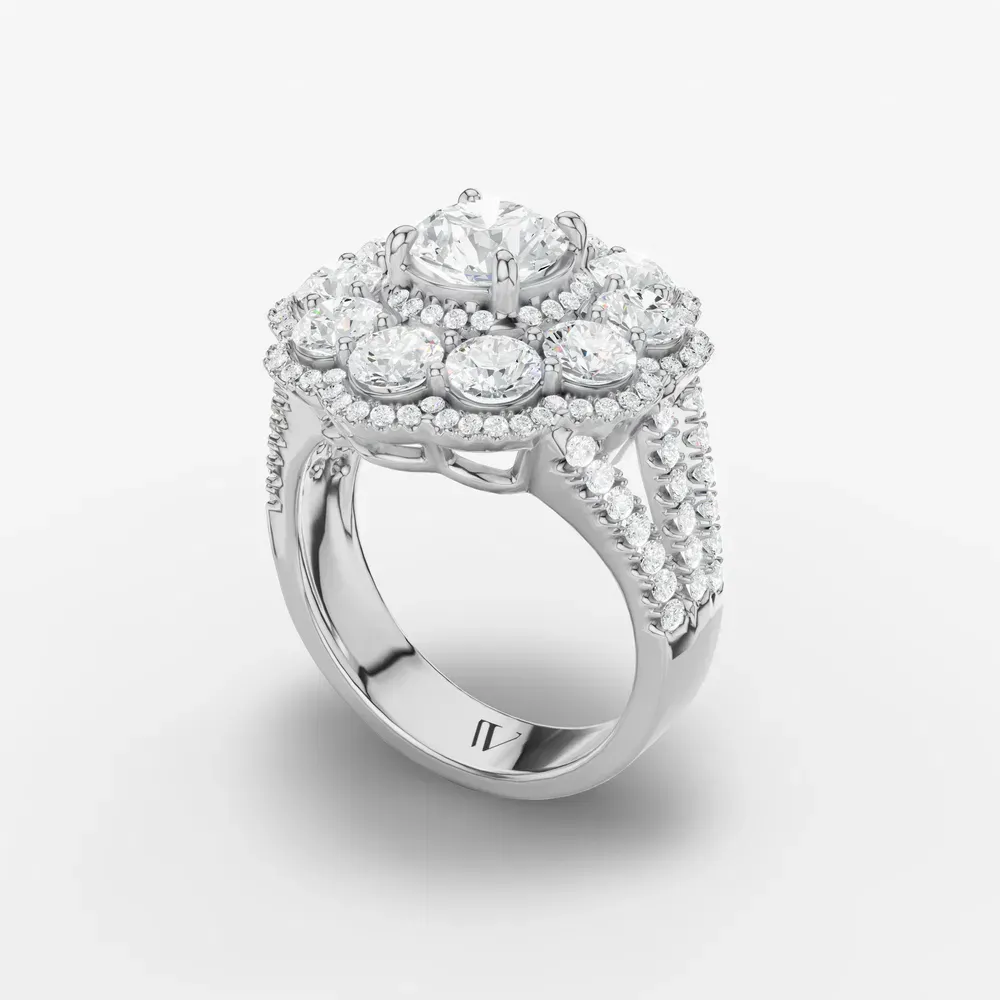 Certified 1 carat Natural Diamond Round Cut Floral, Cluster, Split Shank Engagement Ring in 14K White Gold-Moss