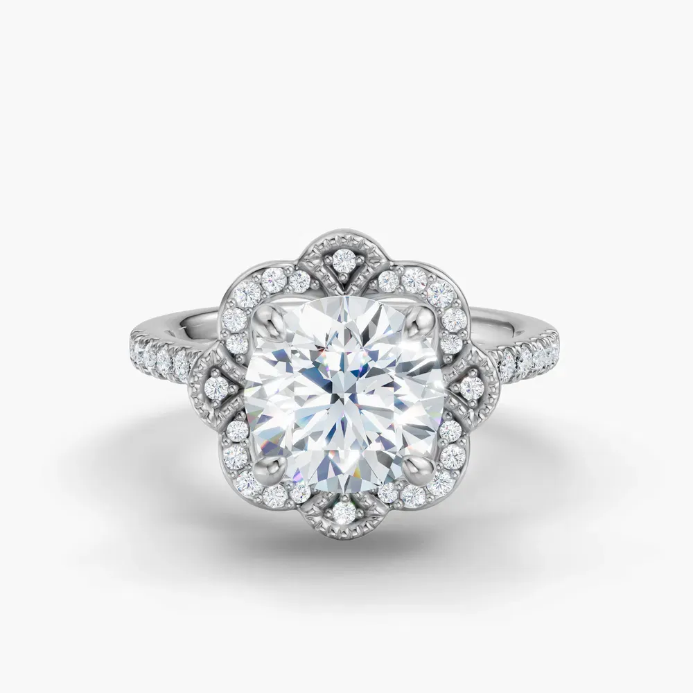 Certified 1 carat Natural Diamond Round Cut Halo, Floral, Vintage Engagement Ring in 14K White Gold-Willow