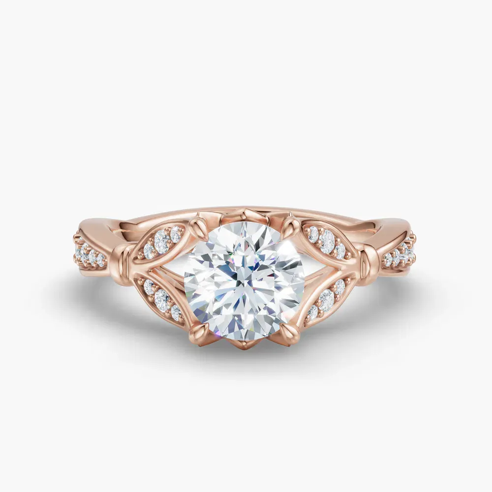 Certified 1 carat Natural Diamond Round Cut Cathedral, Split Shank, Nature inspired Engagement Ring in 14K Rose Gold-Miran