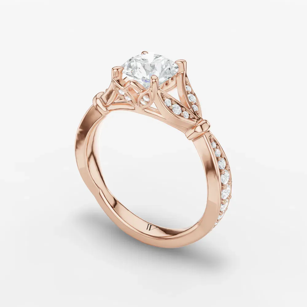 Certified 1 carat Natural Diamond Round Cut Cathedral, Split Shank, Nature inspired Engagement Ring in 14K Rose Gold-Miran
