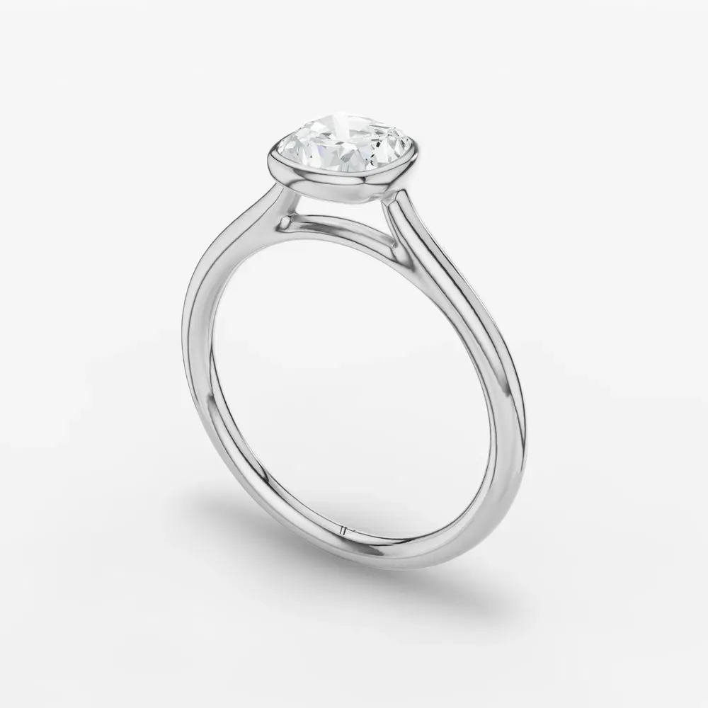 Certified 1 carat Lab Grown Diamond Cushion Cut Solitaire, Bezel, Cathedral Engagement Ring in 14K White Gold-Borvi
