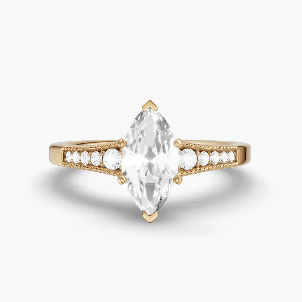 Certified 1 carat Lab Grown Diamond Marquise Cut Milgrain, Pavé, Side Stone Engagement Ring in 14K Yellow Gold-Rosca